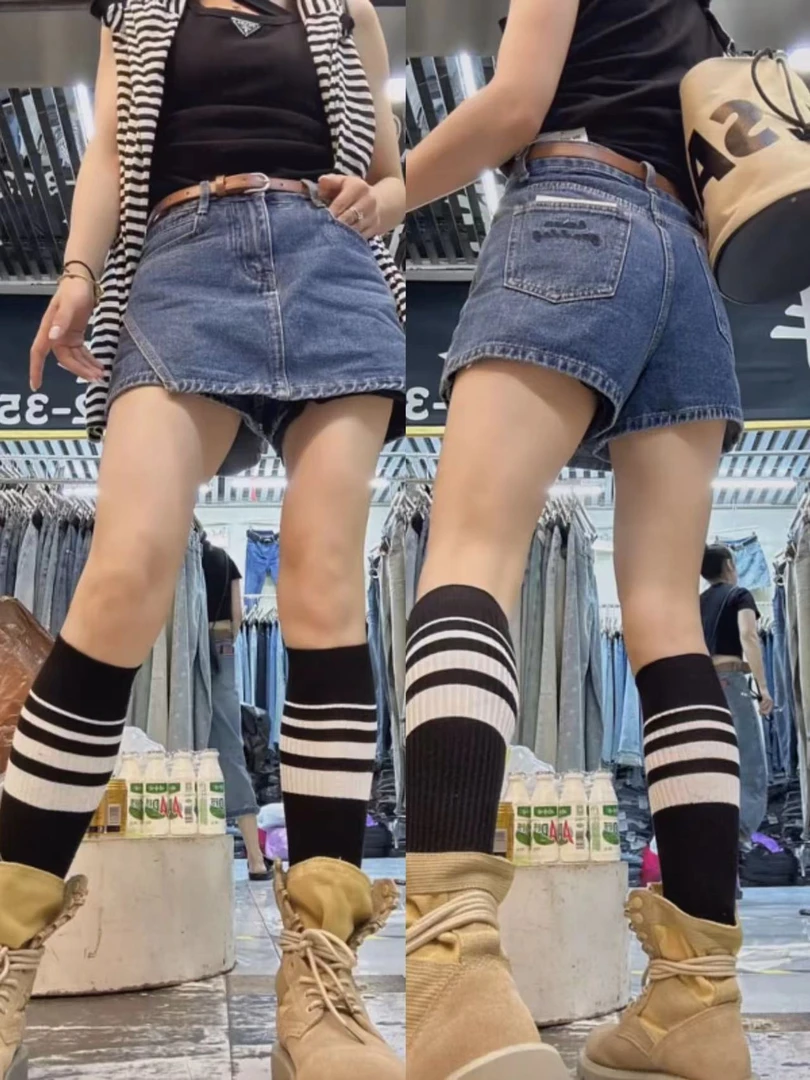 【清货】1602牛仔短裤女2025夏英文刺绣设计高腰显瘦修身A字短裙裤