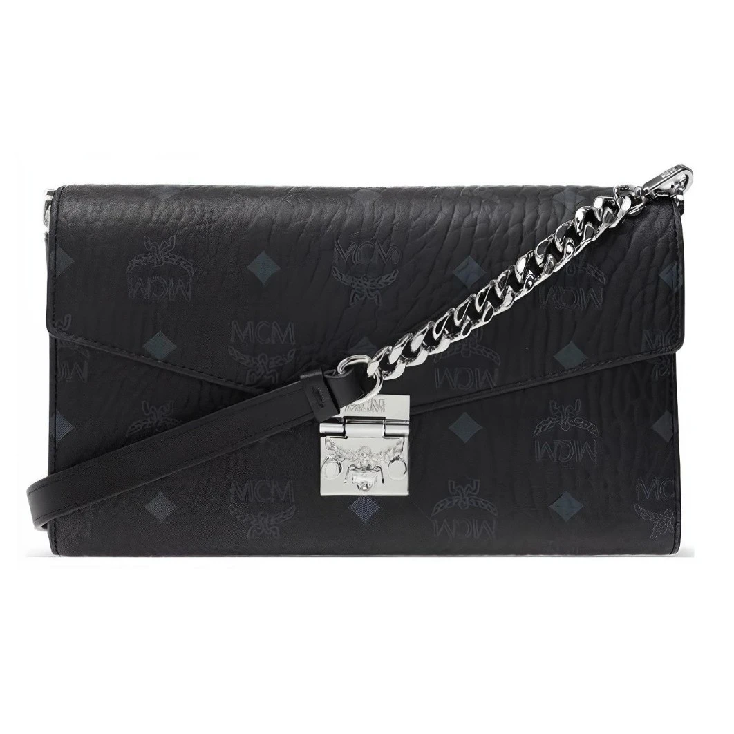 99新 MCM Mcm/ 新款皮拼链条黑银中号信封斜挎包