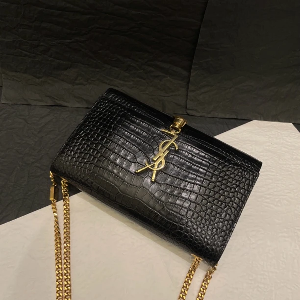 95新 YSL/圣罗兰 【小考拉】圣罗兰 黑金压鳄中号流苏kate斜挎包