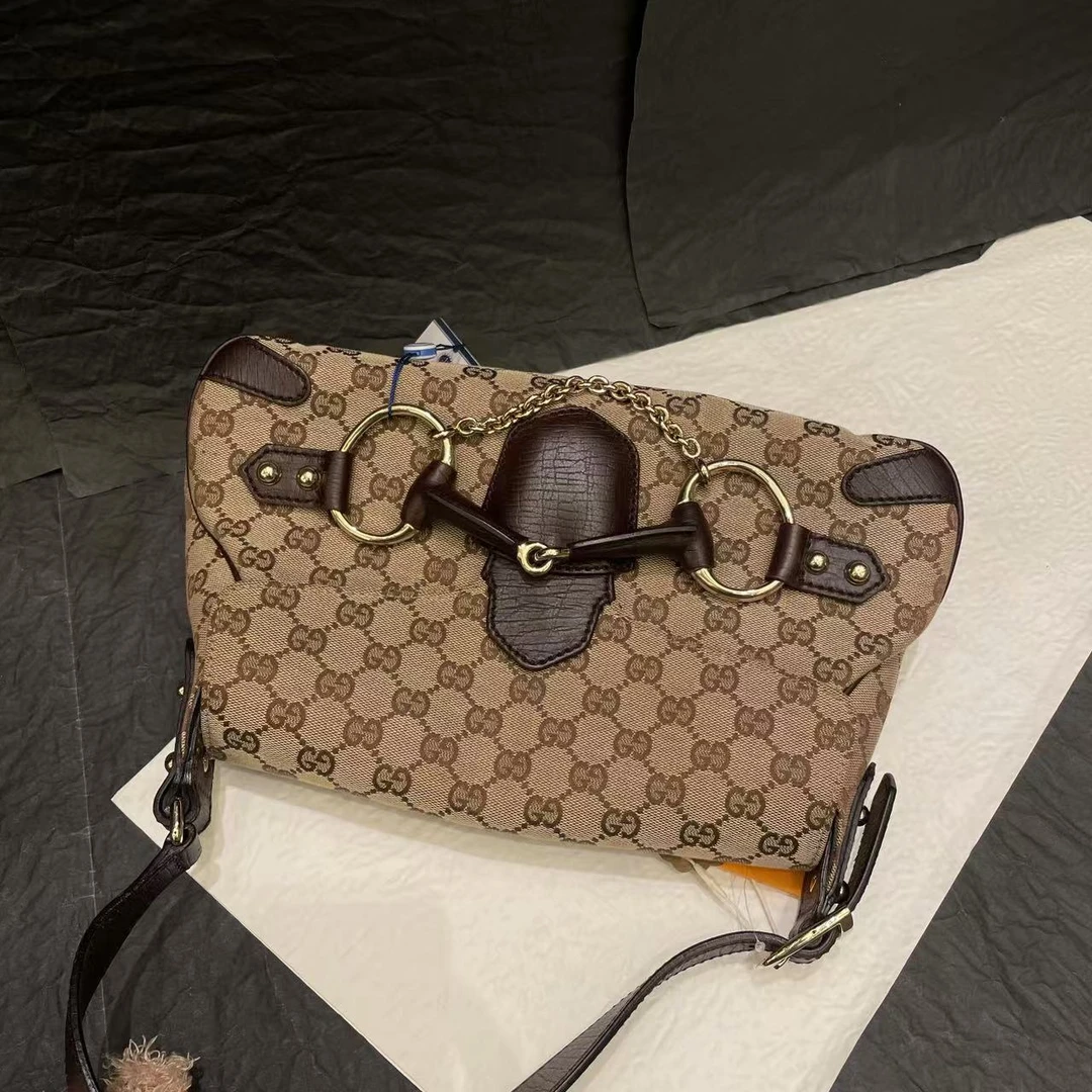 95新 GUCCI/古驰 【小考拉】GUCCI 棕色老花马衔扣单肩包