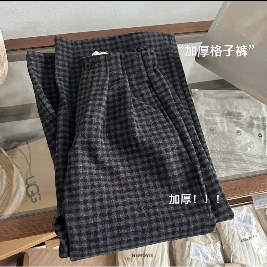 毛呢梭织格加绒加厚新款格子裤复古加厚半松紧垂感宽松显瘦阔腿裤