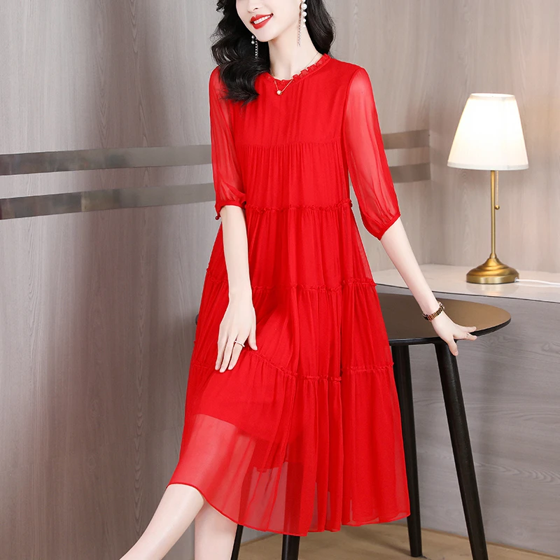 遮肉大摆宽松裙子收腰红色连衣裙爆款吊带2024气质长裙白色肚子