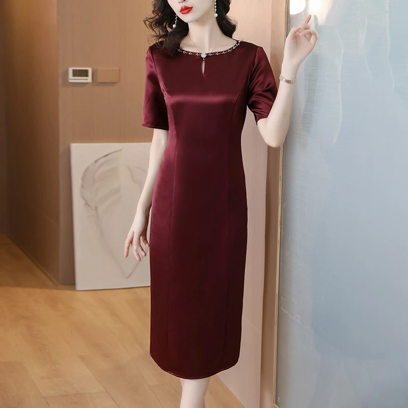 高端醋酸妈妈礼服2024新款喜婆婆婚宴连衣裙夏季裙子新娘黑色复古