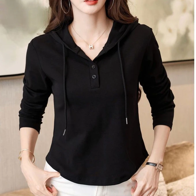 黑色连帽棉质长袖T恤新款韩版时尚春秋打底帽衫上衣女外穿