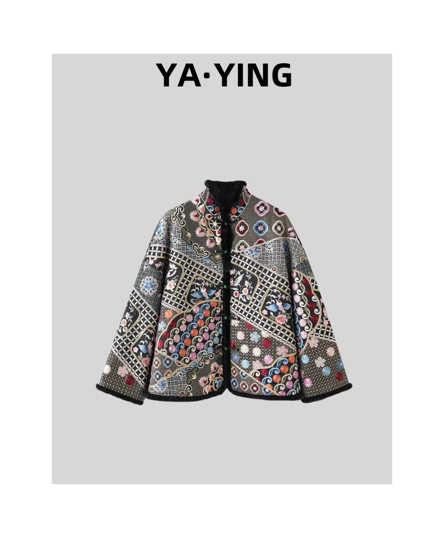 【鹊桥仙鹤】南油新中式复古桑蚕丝加粗水貂毛百万针绣金刺绣厚外套