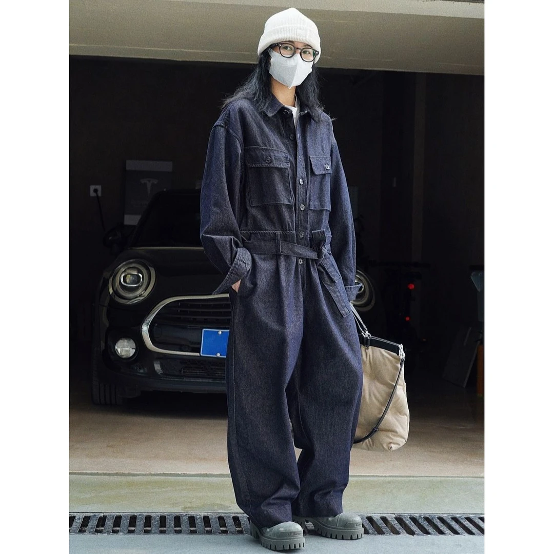蓝鲸春季新款韩版街头感工装风牛仔连体裤宽松系带休闲连体衣裤女
