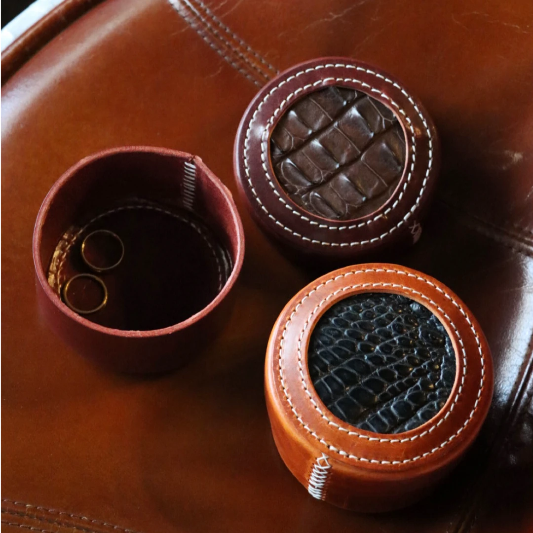 轻奢手工鳄鱼皮盒多功能真皮收纳盒圆形盒工艺小圆盒精致创意复古