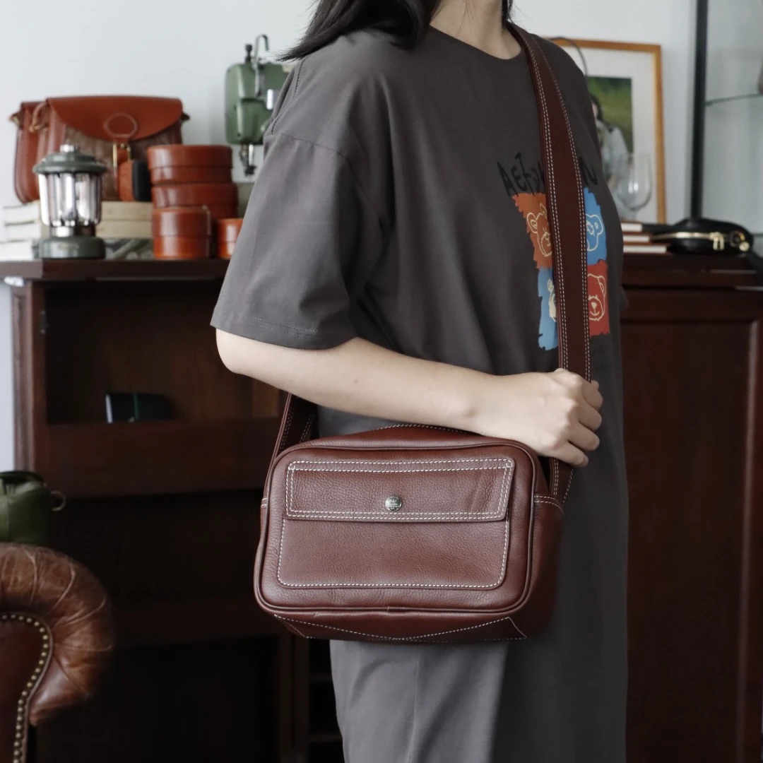 真皮单肩包复古休闲斜挎纯色鹿皮/牛皮通勤逛街单肩包