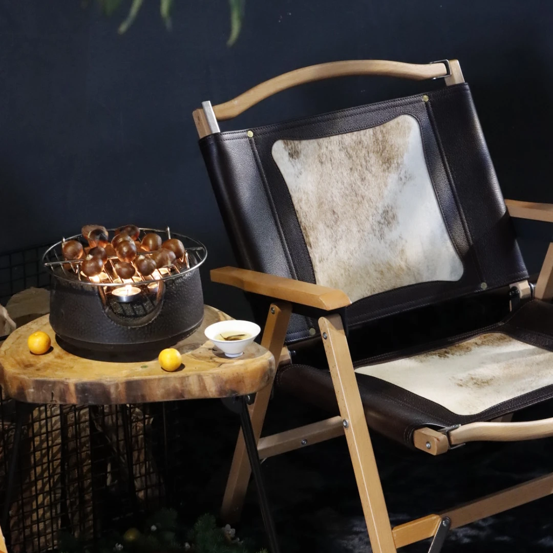 真皮折叠椅胡桃木柚木榉木牛皮奶牛毛镶嵌折叠椅户外露营头层牛皮