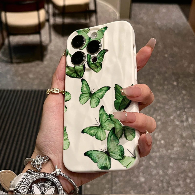 渐变绿色蝴蝶适用iphone14苹果15手机壳13p褶皱11promax/12防摔