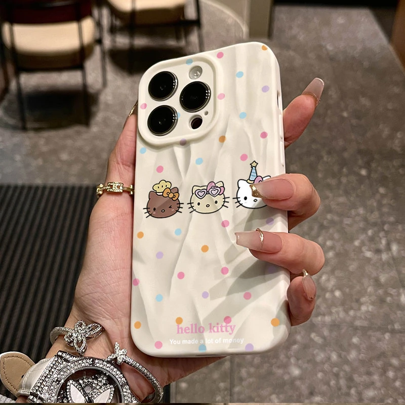 波点凯蒂猫适用iphone15苹果12褶皱手机壳14promax全包13防摔软11