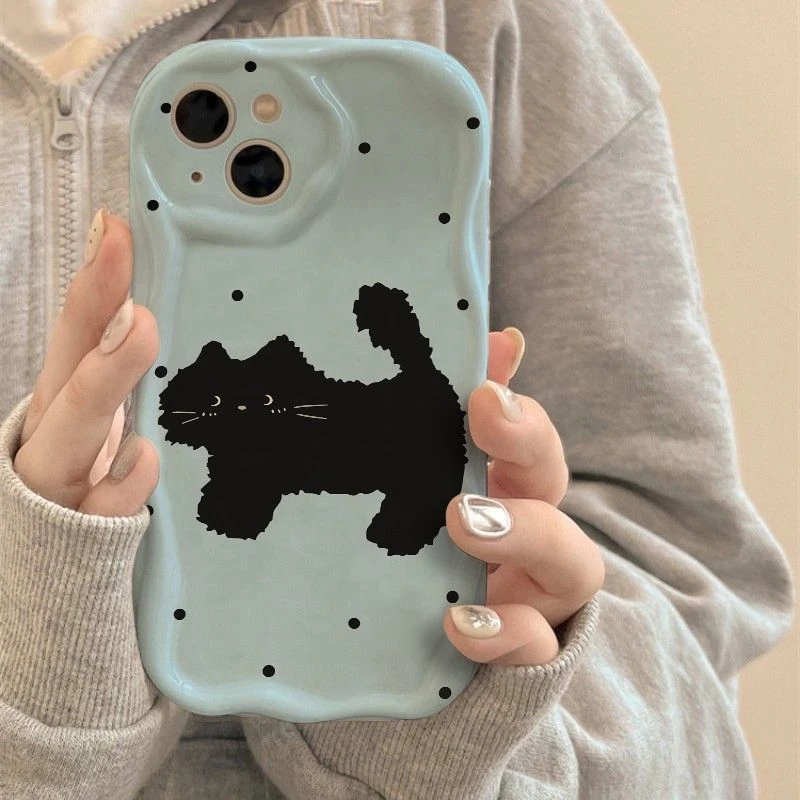 黑色猫咪iPhone15_14手机壳卡通13pro趣味12_11苹果Xsmax简约全包