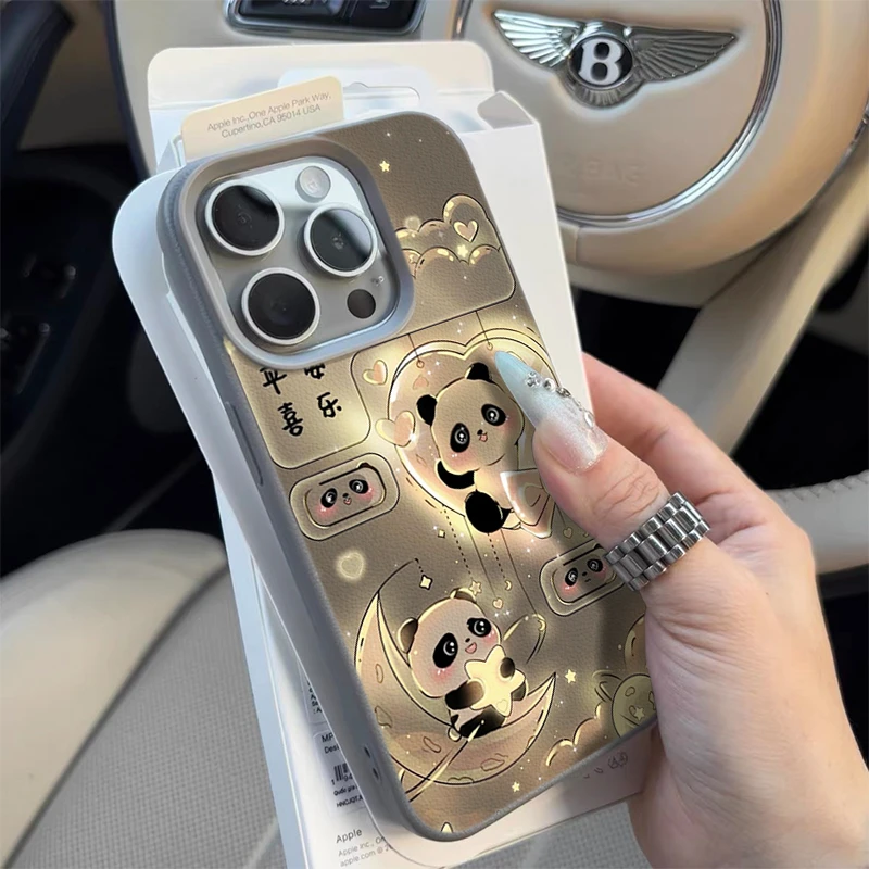 星星月亮熊猫适用苹果16/15手机壳iPhone14promax13荔枝纹12软11P