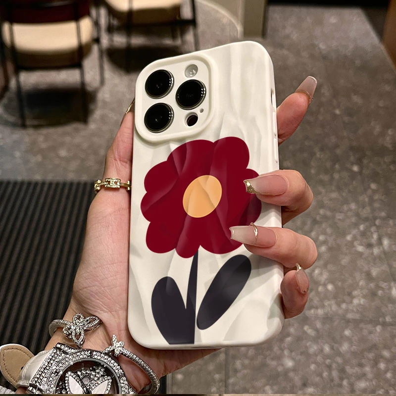 一朵红花适用iphone16/15苹果12褶皱手机壳14promax防摔13软11
