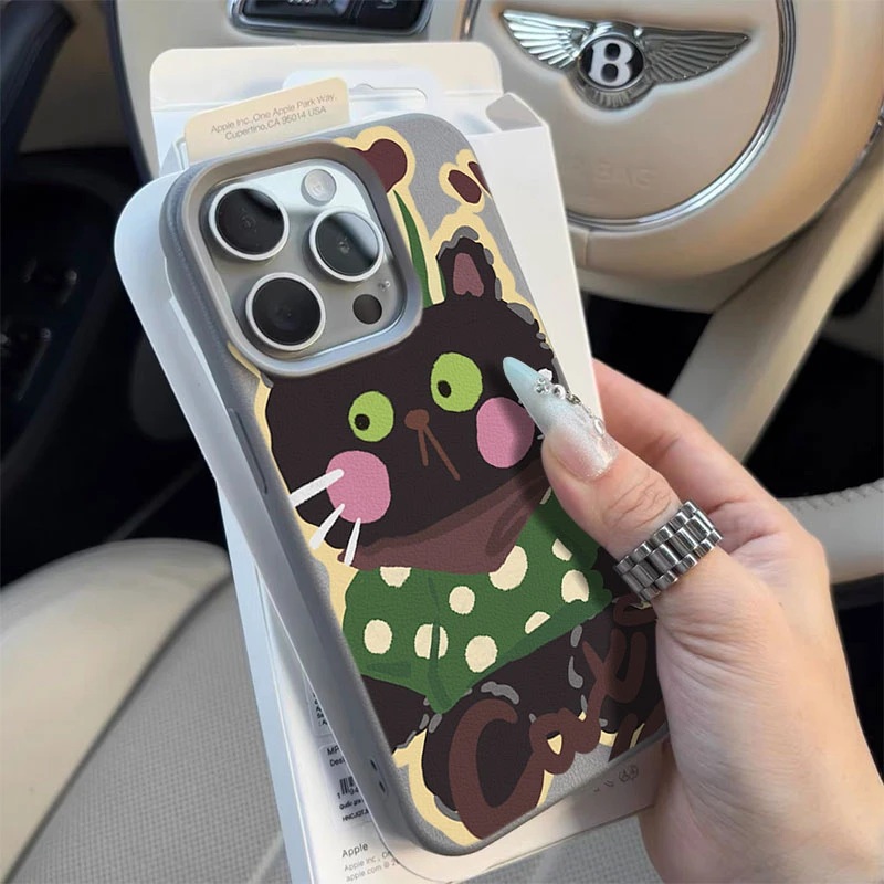 涂鸦黑猫适用苹果1615手机壳iPhone14promax高级感13荔枝纹12软11