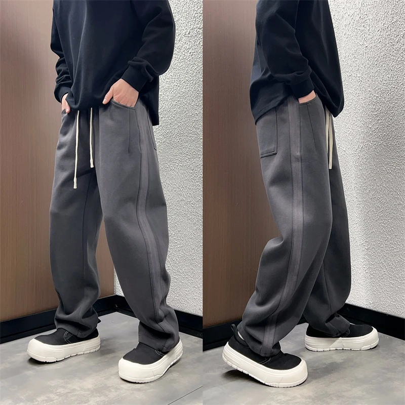 2024秋冬季新款宽松阔腿垂感撞色休闲裤潮流百搭痞帅高级感长裤男