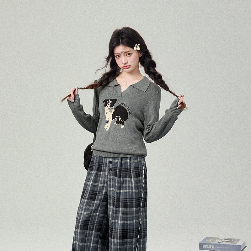 花铃太太【呆萌小狗】新款女装针织衫百搭修身上衣美拉德甜美风灰色