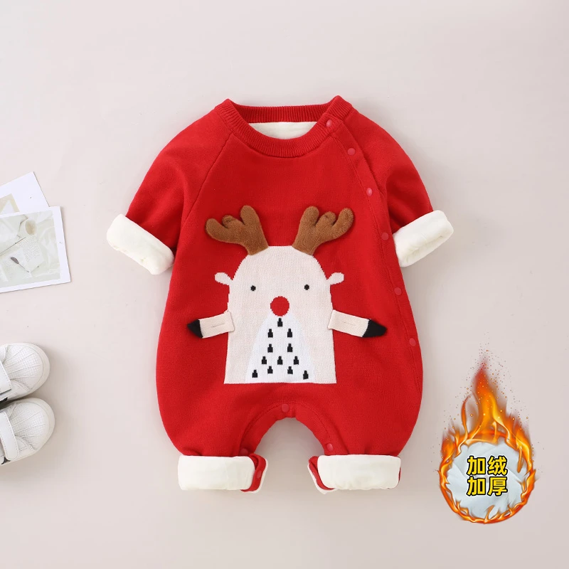 拜年服新生婴儿衣服女宝宝针织连体衣春秋可爱毛衣保暖哈衣爬爬服