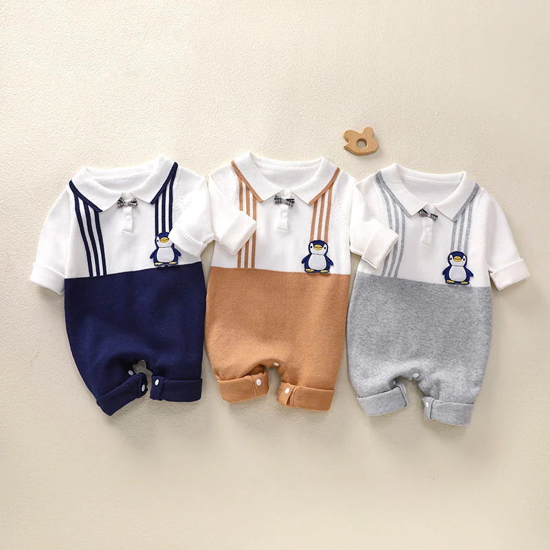 9600新生婴儿连体衣春秋男宝宝毛衣外出服针织学院风衣服秋装哈衣