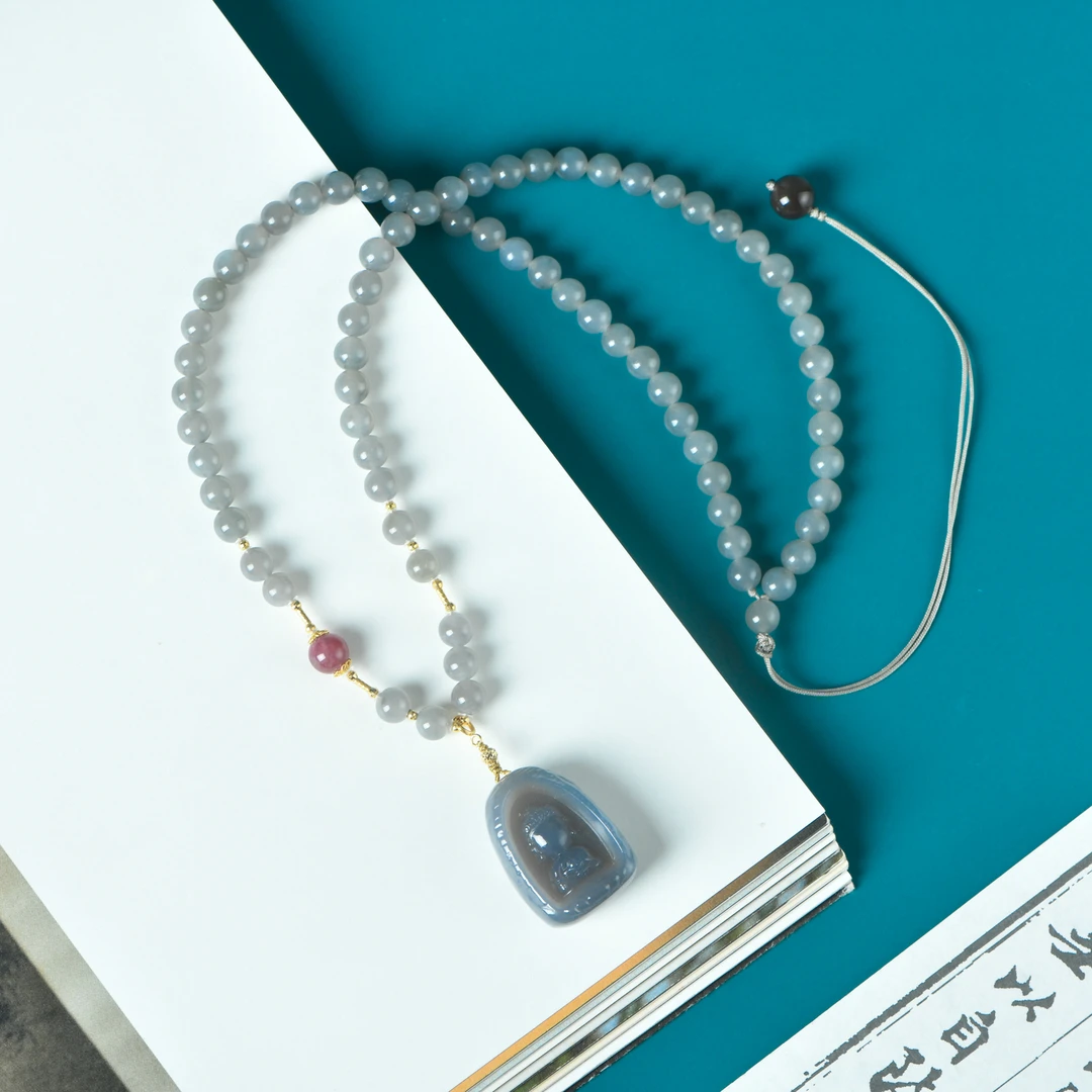 和田玉烟紫玉无相佛牌0.6脖挂项链18K金配饰