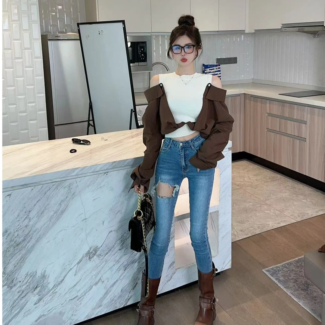 米娜家 【冰摩卡】衬衫针织假两件/破洞小脚裤