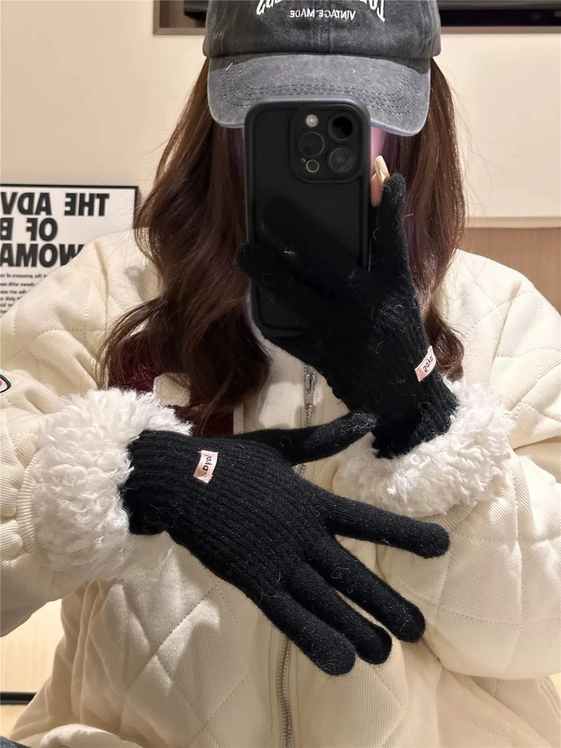 米娜家冬季保暖纯色分指可触屏手套