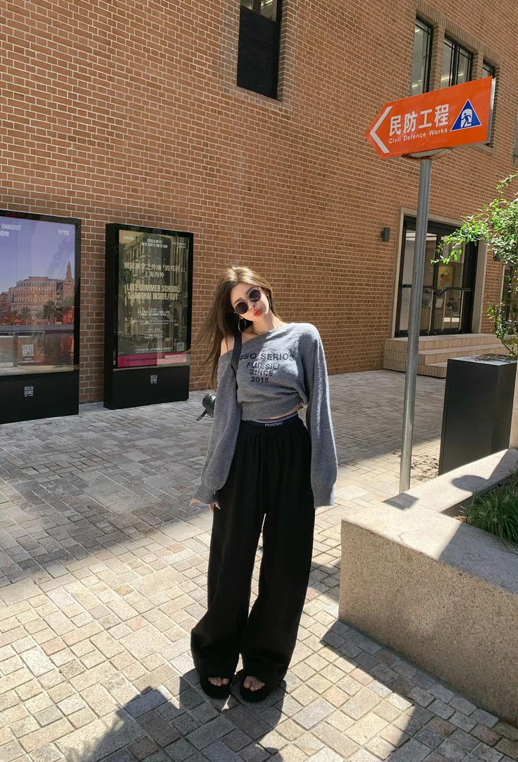 米娜家【酷飒姐姐】泡菜订制字母腰边阔腿裤