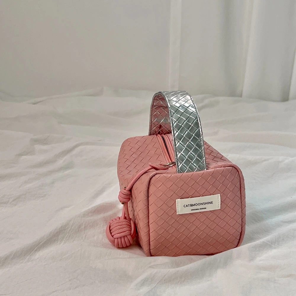 原创拼色编织纹手拎包遛弯小包包手提包韩版时尚便携化妆包收纳袋