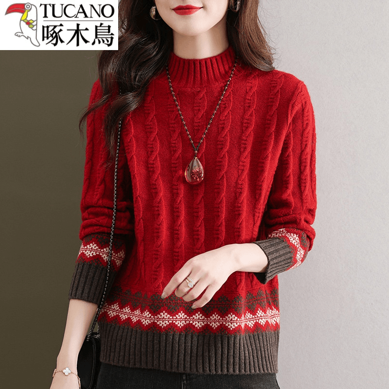 啄木鸟半高领麻花毛衣2024新款时尚宽松针织套头打底衫秋冬女士加