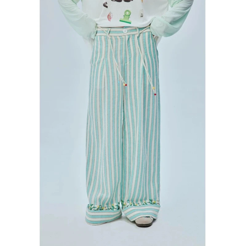 【景致】OOOF 24新款 抽绳条纹阔腿裤女高腰宽松垂感休闲长裤