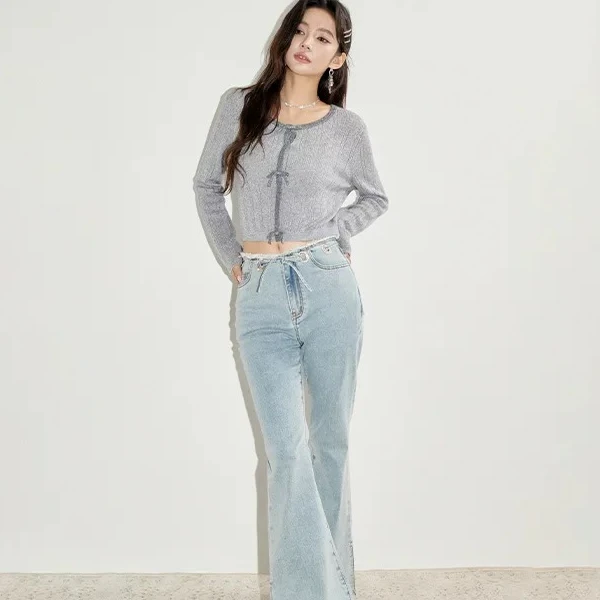 Three Quarters【景致买手店】24新款 灰色俏皮蝴蝶结女毛织上衣