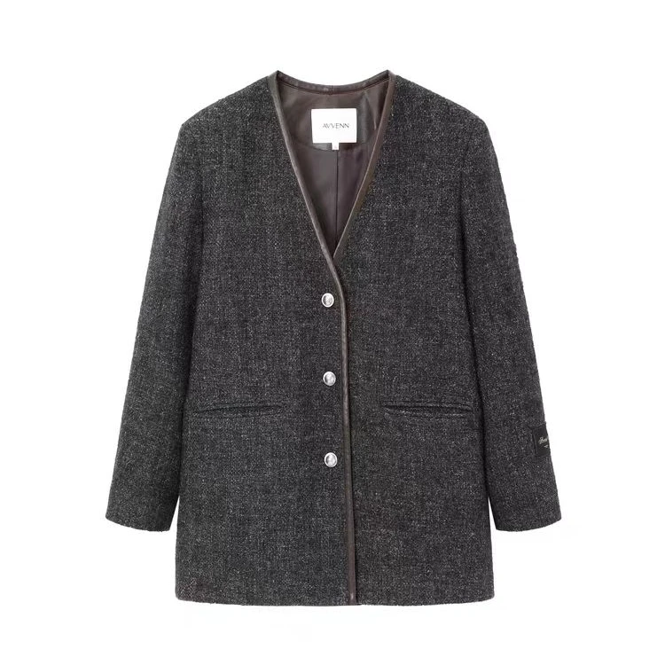 【景致买手店】AVVENN 2024冬季新品无领怀旧亚麻混纺阔肩西装