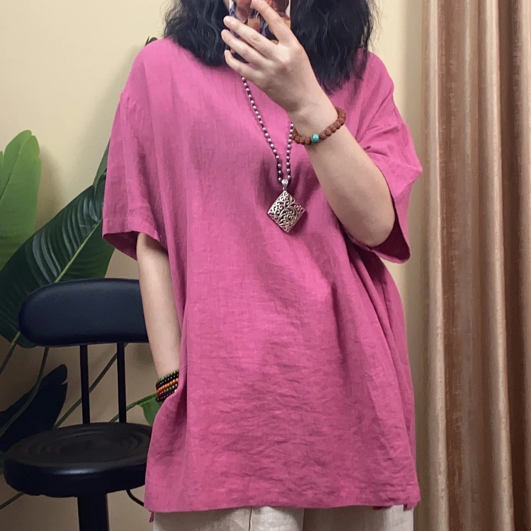 衣与 夏季纯亚麻休闲文艺简约高品宽松大版短袖纯色T恤上衣24073