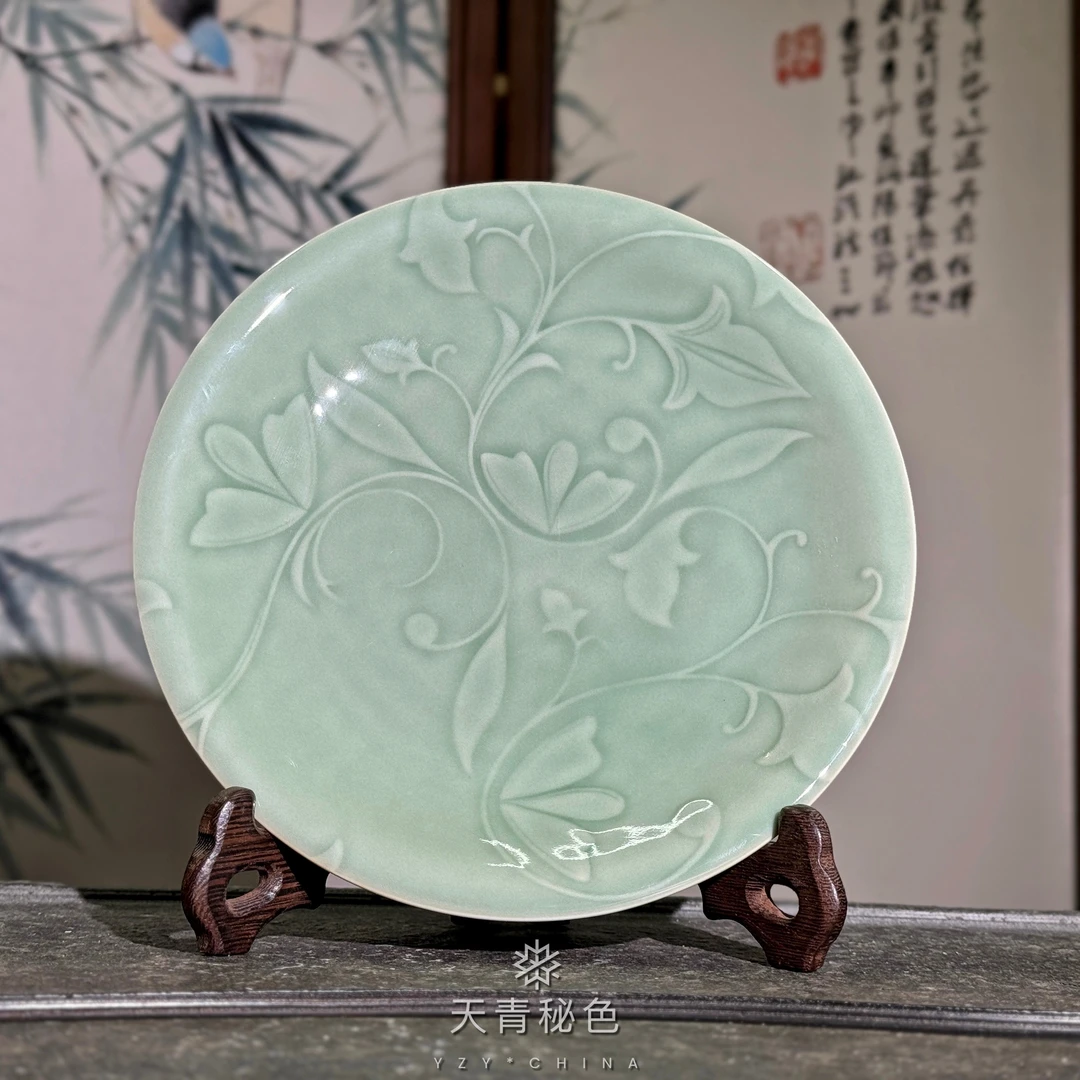 【长安知己】 10英寸浮雕玉兰餐盘家用耀州窑天青秘色原矿高温陶瓷