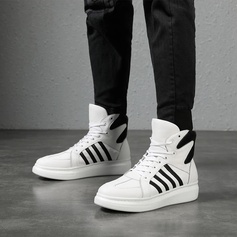 欧美真皮高帮鞋男增高潮流圆头运动休闲鞋轻软厚底白色高帮板鞋