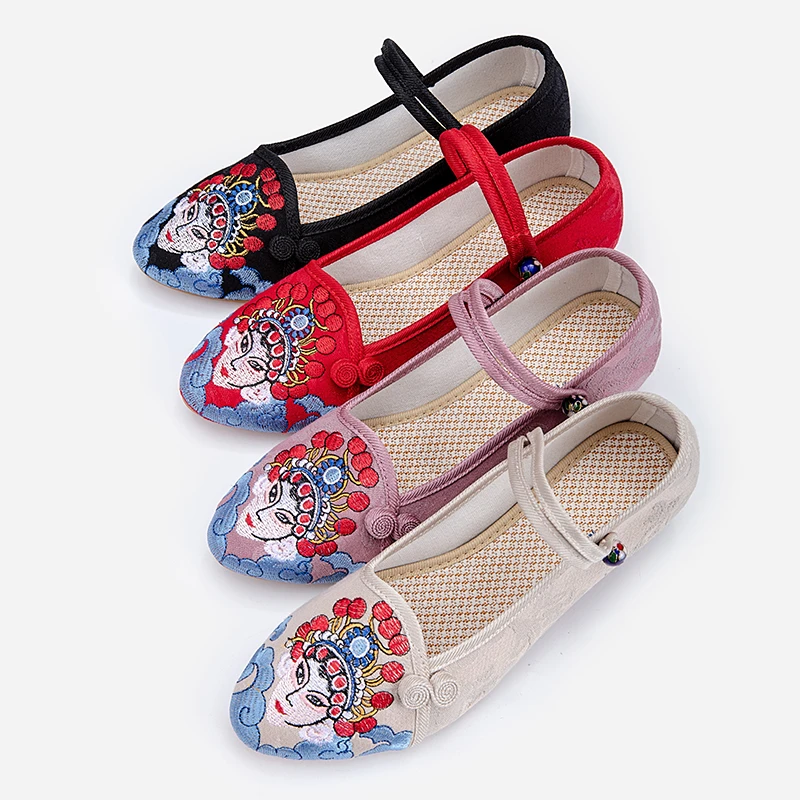 夏季国风设计戏曲脸谱刺绣百搭透气休闲鞋布鞋绣花鞋女526-50