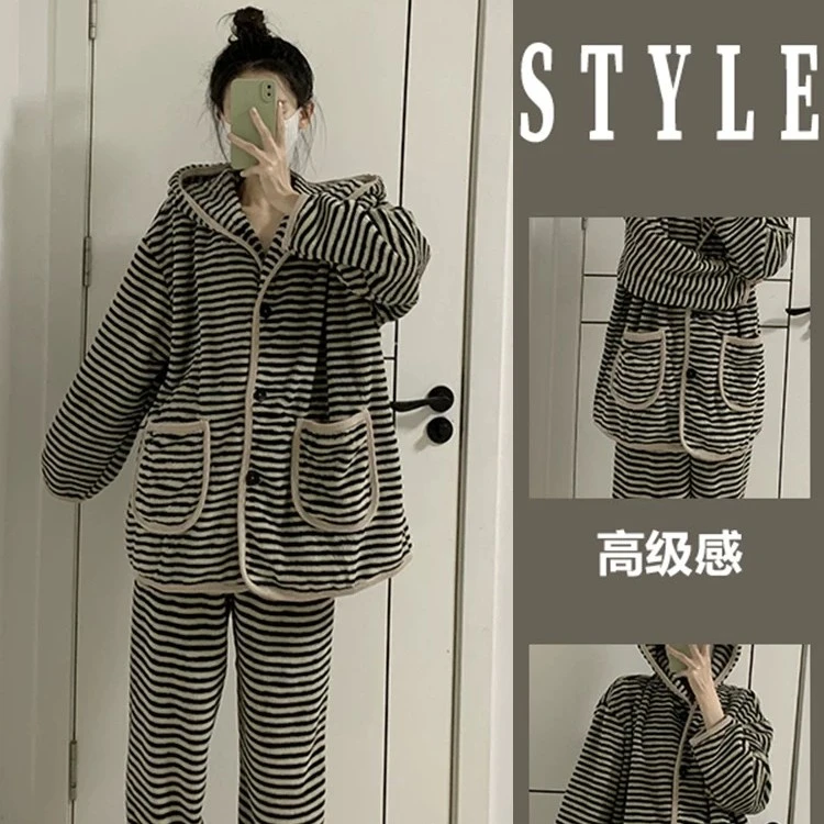 条纹睡衣女ins风秋冬季加绒加厚珊瑚绒保暖套装家居服韩版宽松