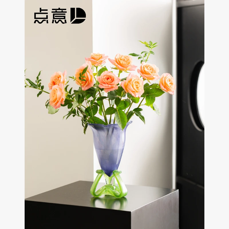 法式梦幻铃兰琉璃花瓶紫色绿色撞色客厅摆件中古芬顿敞口花器插花