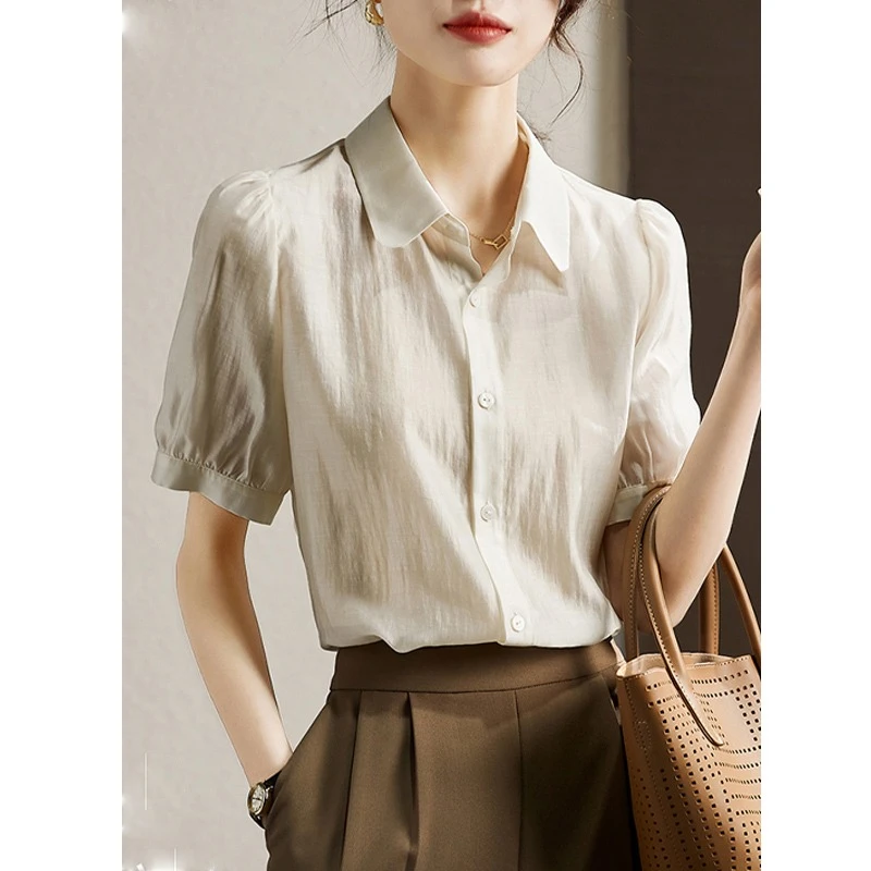 2025夏季新款女装气质白色衬衣女高端显瘦休闲短袖衬衫薄款设计感