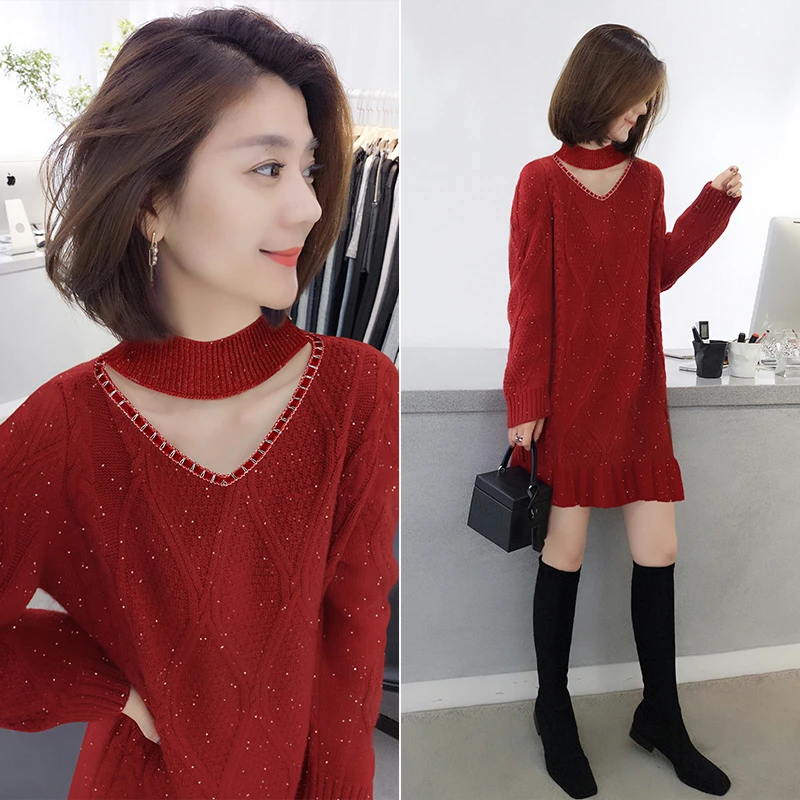 配大衣红色毛衣裙子女2025新款时尚镂空挂脖中长款打底内搭连衣裙