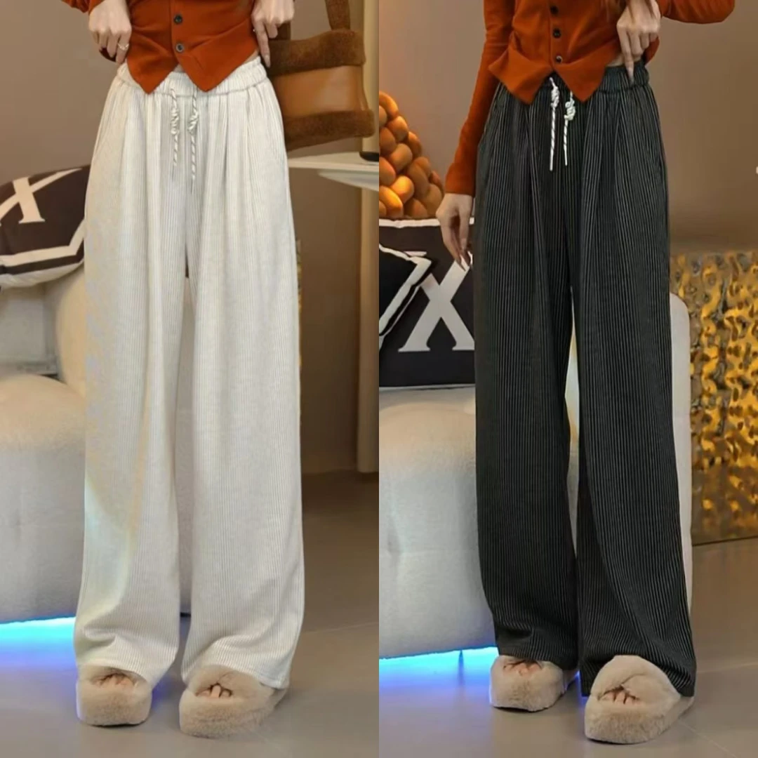 【加绒松紧腰撞色条纹直筒阔腿休闲裤】冬季新款保暖休闲裤