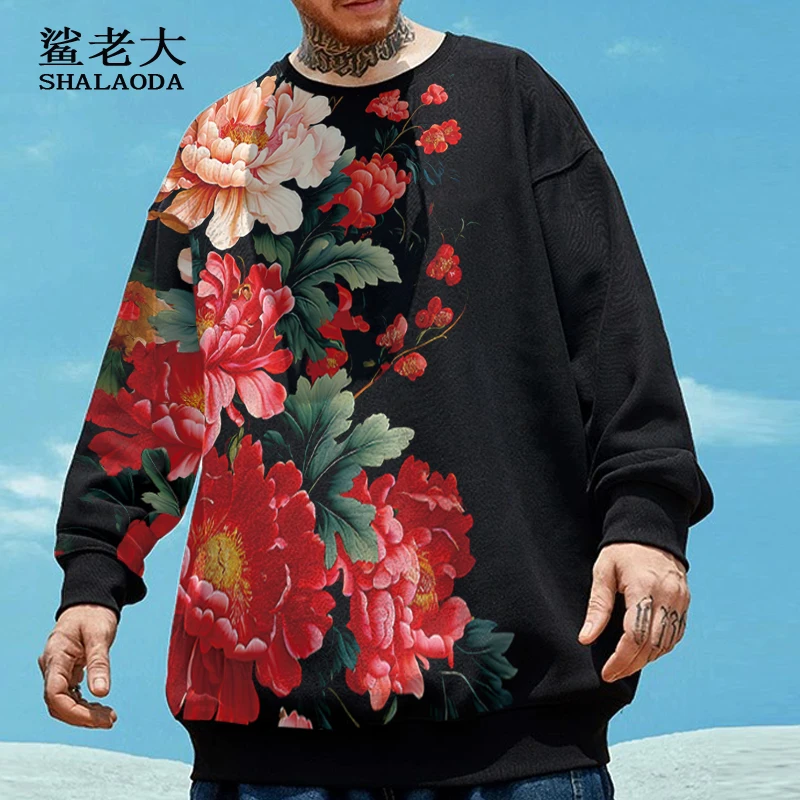 春季潮牌圆领卫衣男士长袖T恤古风花卉印花上衣薄款百搭套头衣服