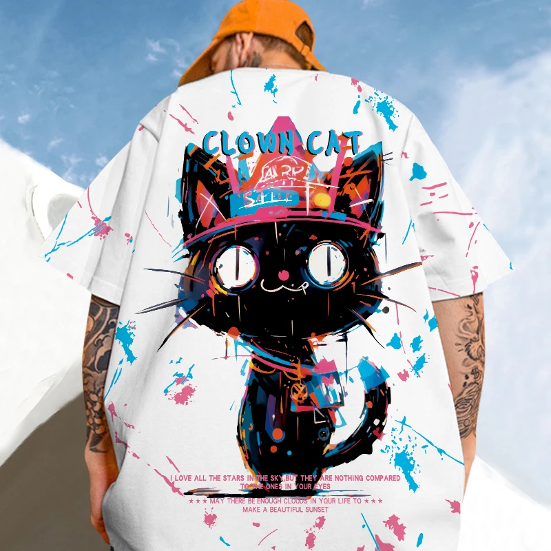 涂鸦猫咪印花短袖T恤男2025新款落肩半截袖大码百搭休闲学生上衣