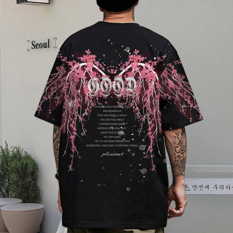 落肩短袖T恤男ins潮牌翅膀印花青少年休闲半袖大码加肥新款体恤衫