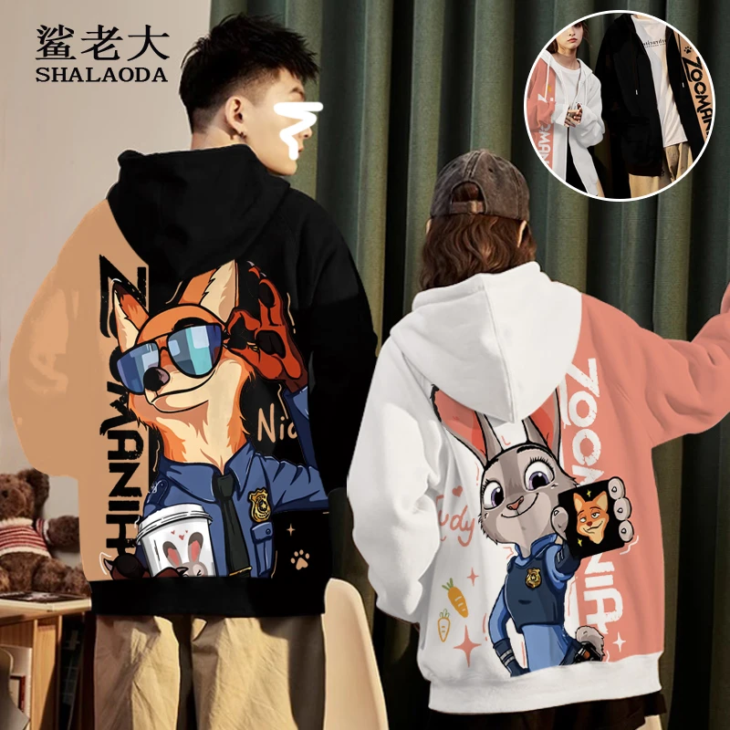 冬季卡通情侣装卫衣男连帽开衫加绒加厚上衣宽松朱迪尼克印花外套