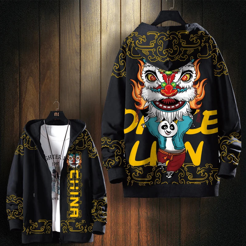 醒狮印花卫衣外套男士ins国潮秋冬新款加绒加厚连帽开衫大码加肥