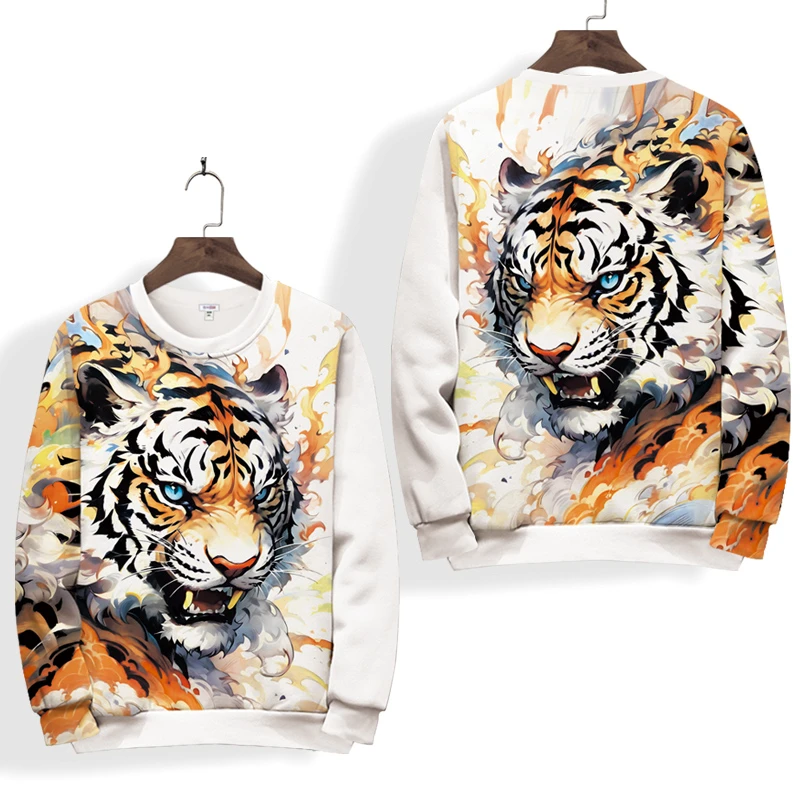 加绒圆领卫衣男士国风老虎头印花冬季加厚外套大码加肥休闲套头衫
