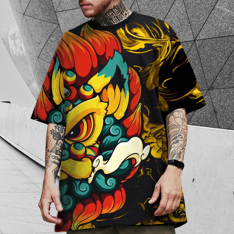 醒狮短袖T恤男女同款小众设计感宽松落肩体恤2025新款潮流半截袖