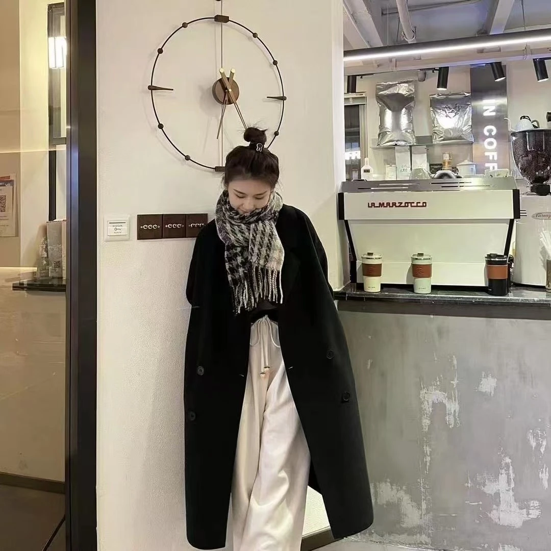 密拷毛呢韩版大衣时尚秋冬双排扣中长款气质百搭黑色双面宽松