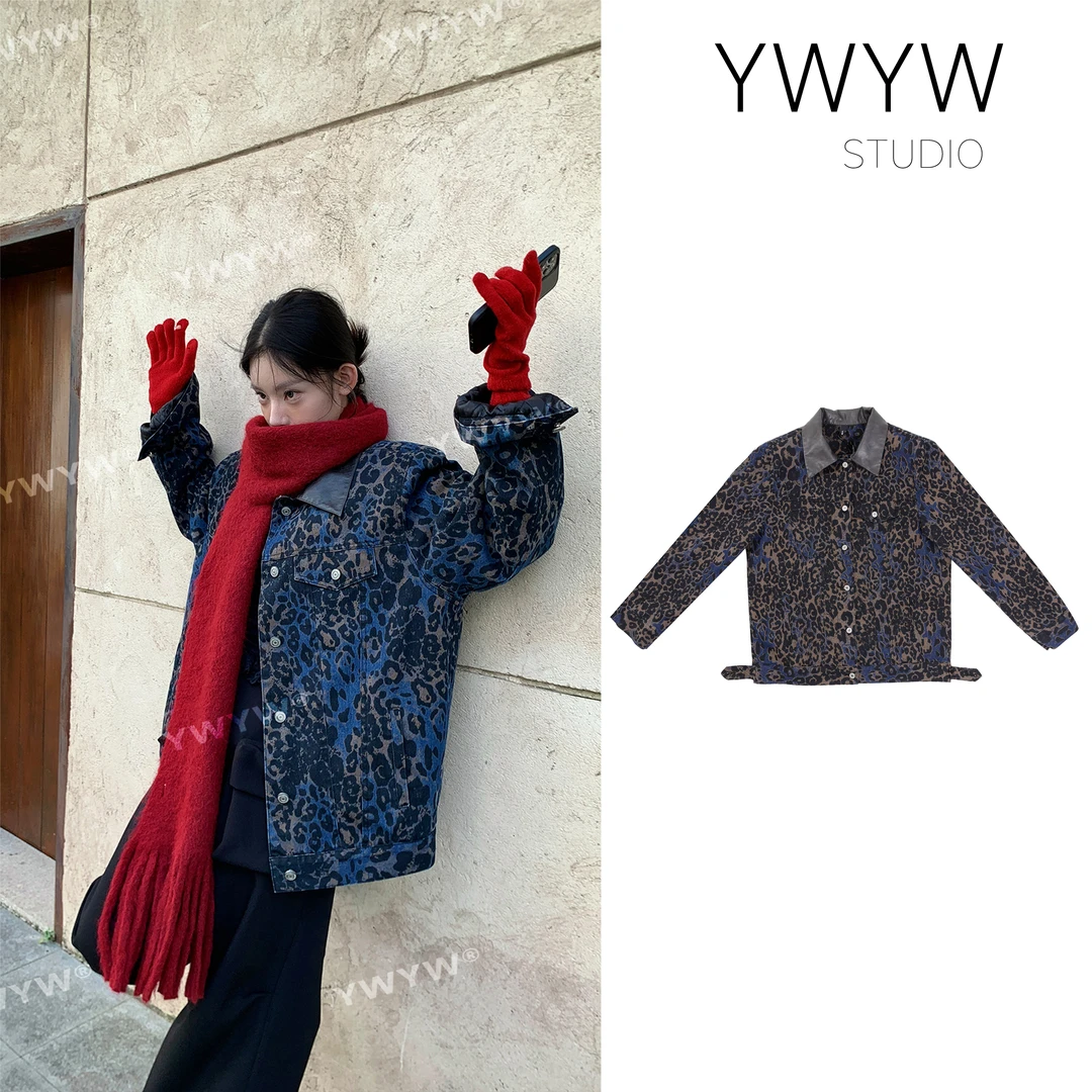 【福利款NO退换】秋冬加厚夹棉保暖翻领复古水洗豹纹牛仔外套 3330